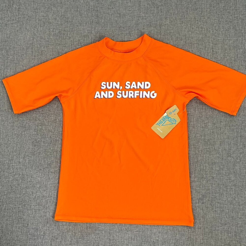 NEW! Thereabouts Boys Swimwear Top Shirt‎ Orange UPF50 L14/16 Sun, Sand And Surf
